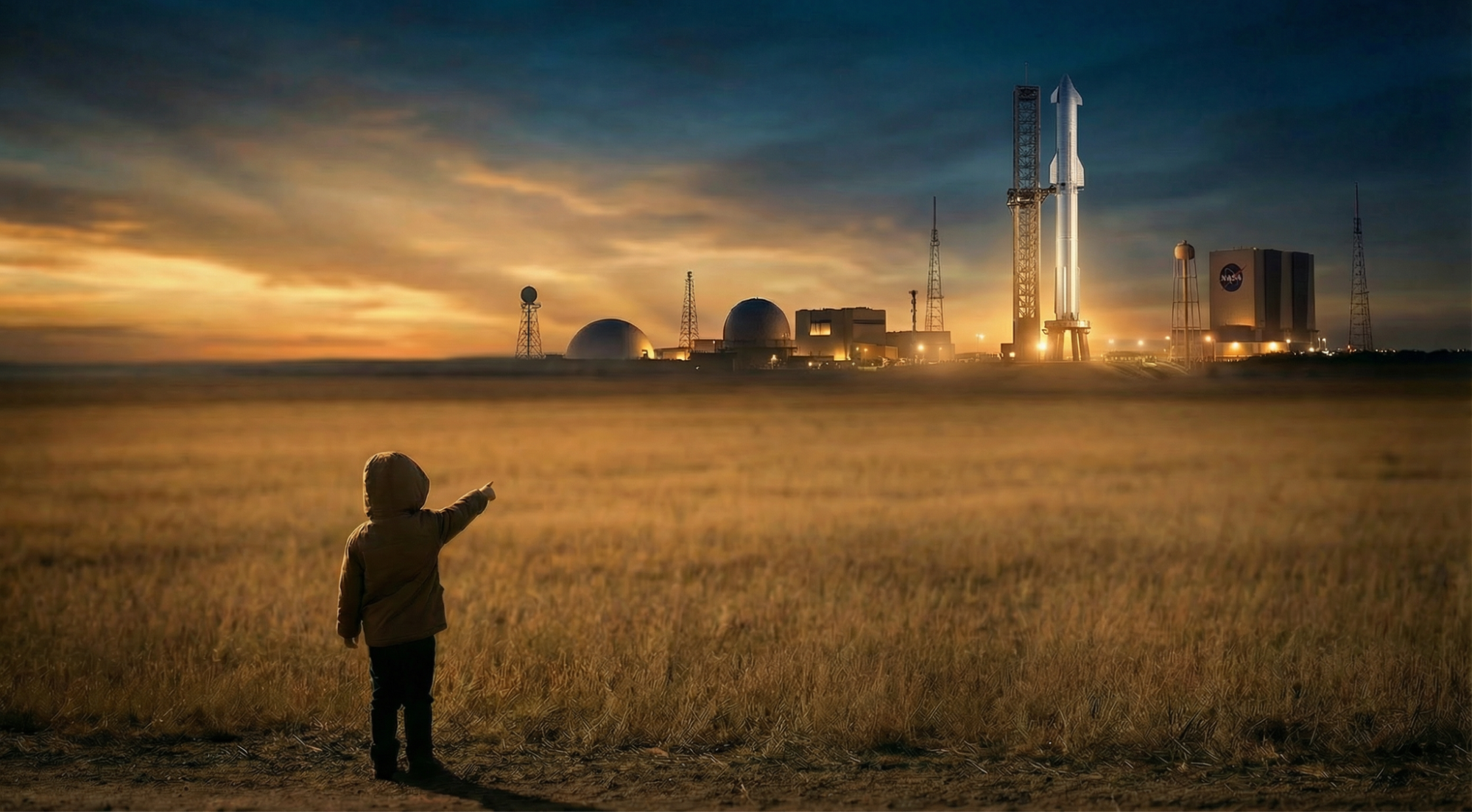 Child looking at distant NASA rocket launch pad